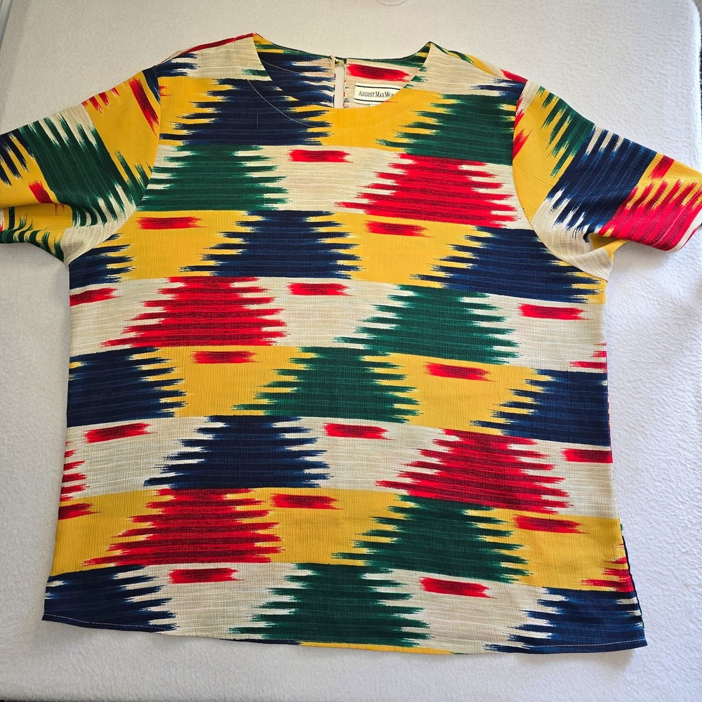 Vtg 80s 90s August Max Woman Top X Plus Boho Geometric Ikat Chevron Art to Wear